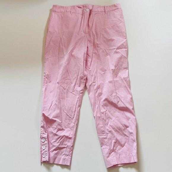 Talbots Pant Trouser Gingham Plaid Pink Perfect Crop Button Hem White Checkard - Picture 1 of 7